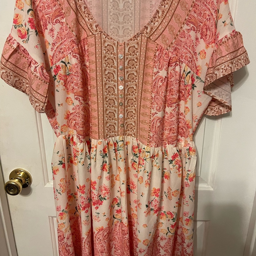 Umgee Pink and Cream Floral Midi Dress
